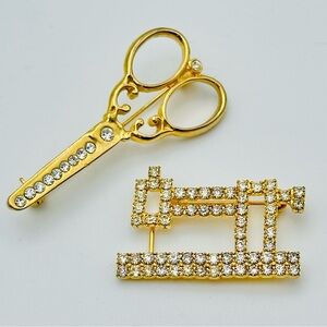 Seamstress Sewing Machine Scissors Gold Tone Rhinestone Brooch Pin Set Lot Prong